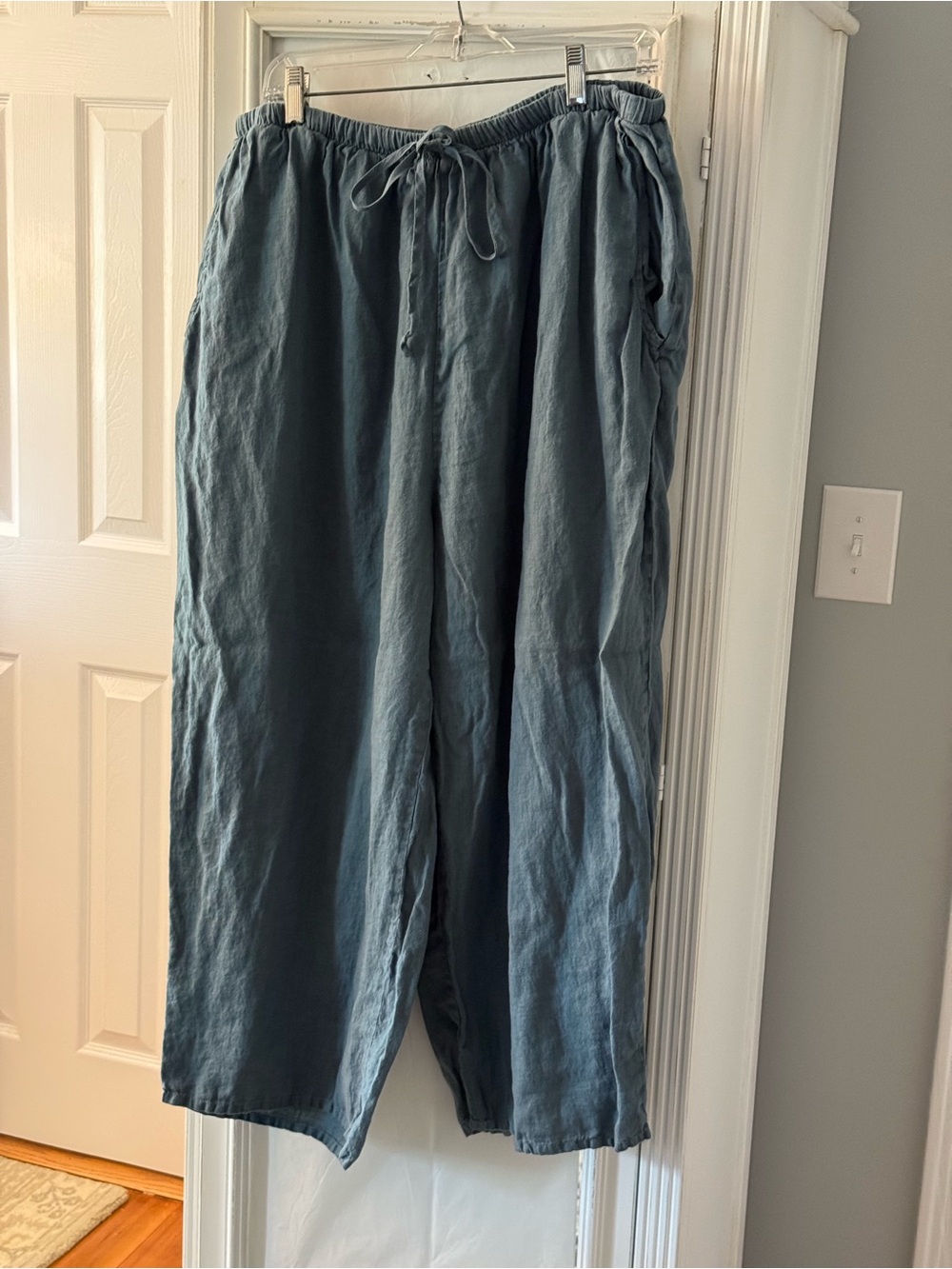 Flax Wide-Leg Linen Pants “Floods” in Light Teal Drawstring Waist Size 2G